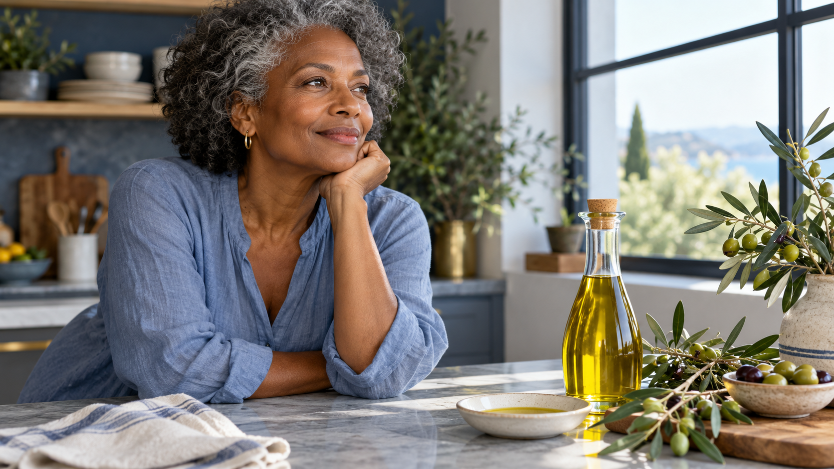 Illustrative kitchen scene with olive oil; not the Olivaro Drops product or a customer testimonial.
